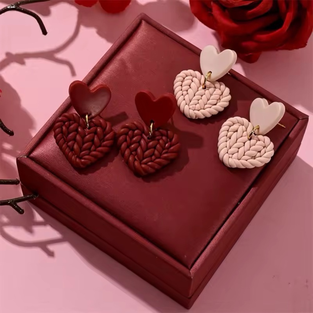 2-Pair Knit Heart Two-Tier Dangle Stud - Handmade Earrings